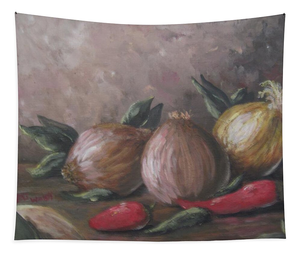 Vegetables Tapestry featuring the painting Onions and peppers by Megan Walsh