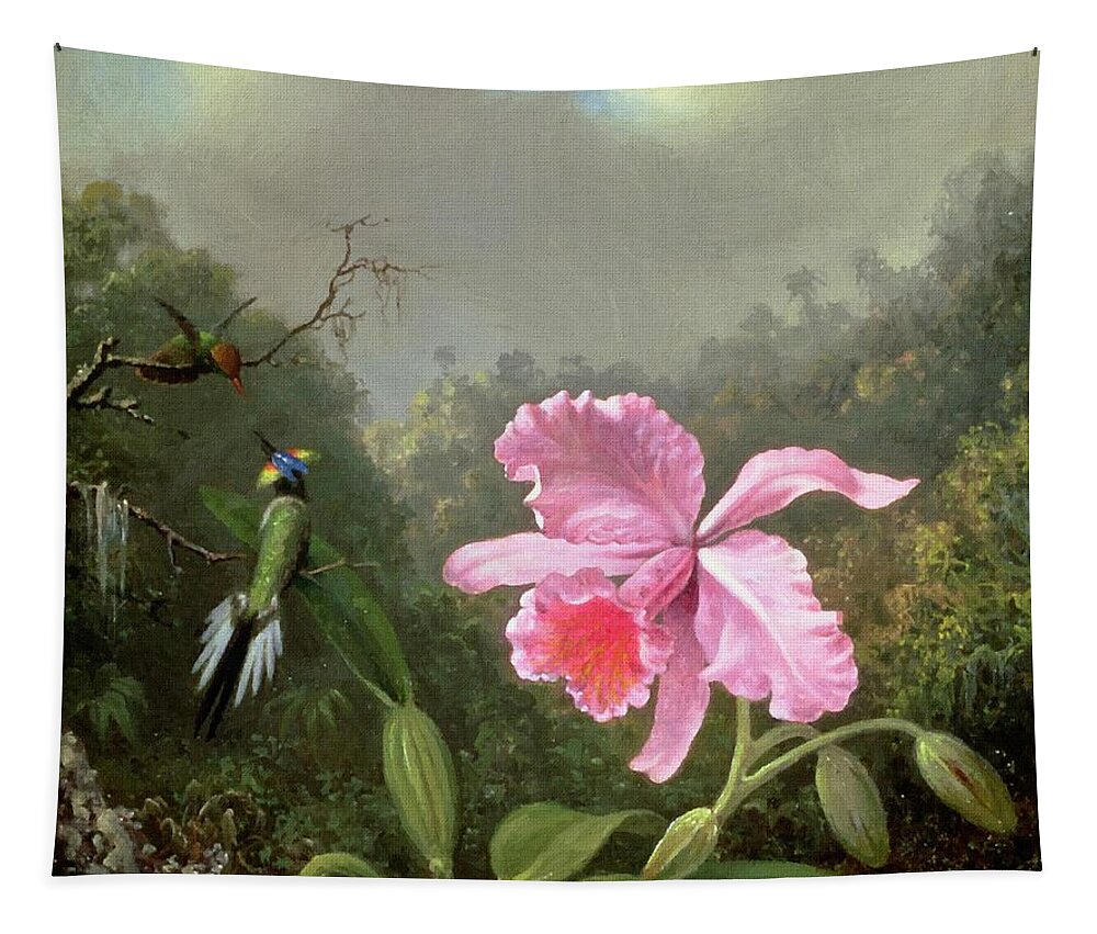 Martin Johnson Heade Tapestry featuring the painting Orchid And Hummingbirds by Martin Johnson Heade