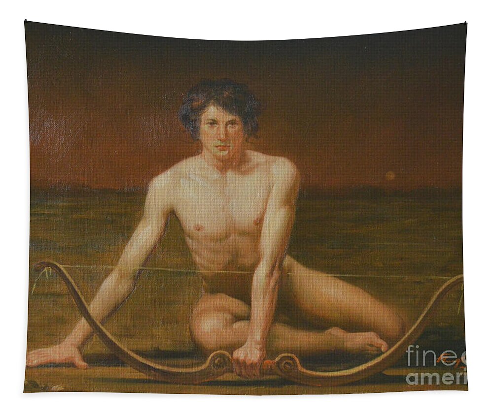 Original. Art Tapestry featuring the painting Original Classic Oil Painting Gay Man Body Art Male Nude #16-2-5-47 by Hongtao Huang