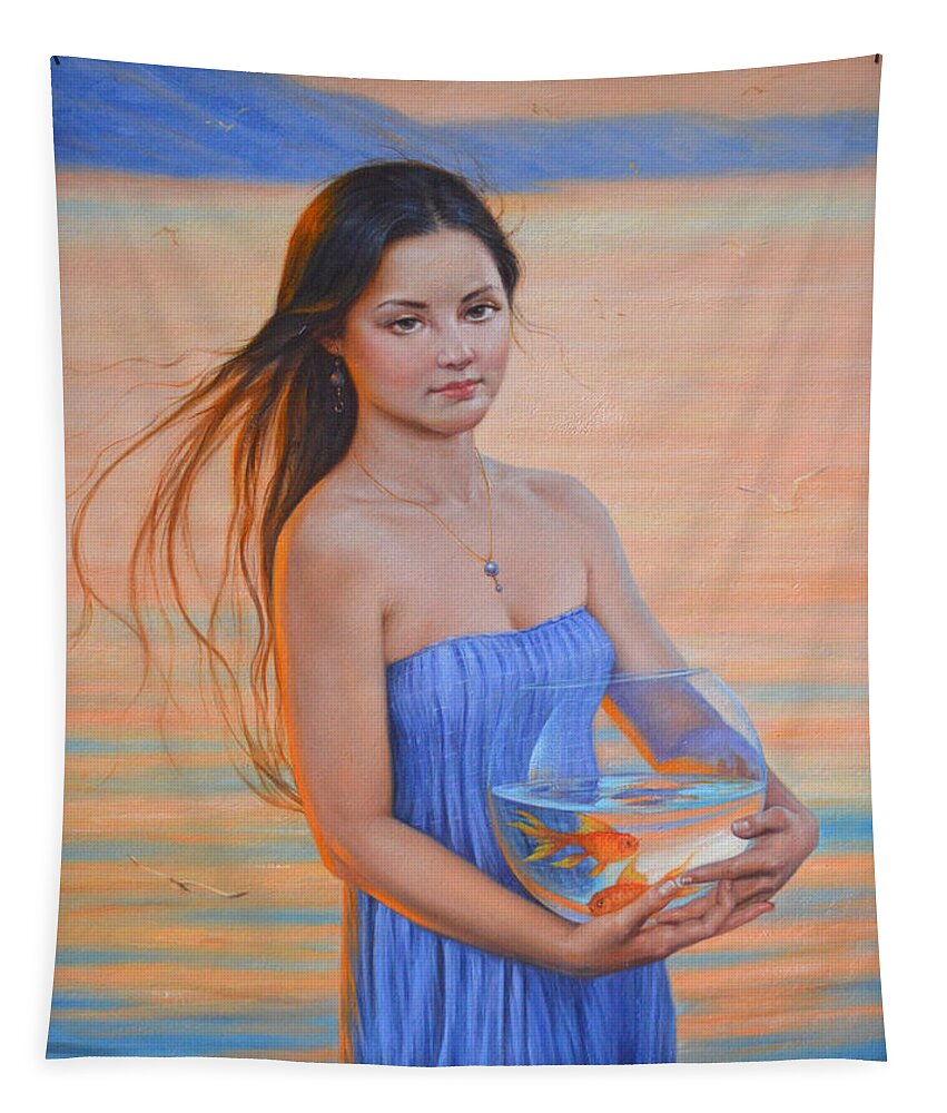 Original Tapestry featuring the painting Original Classic Oil Painting Girl Art- Chinese Beautiful Girl And Goldfish by Hongtao Huang