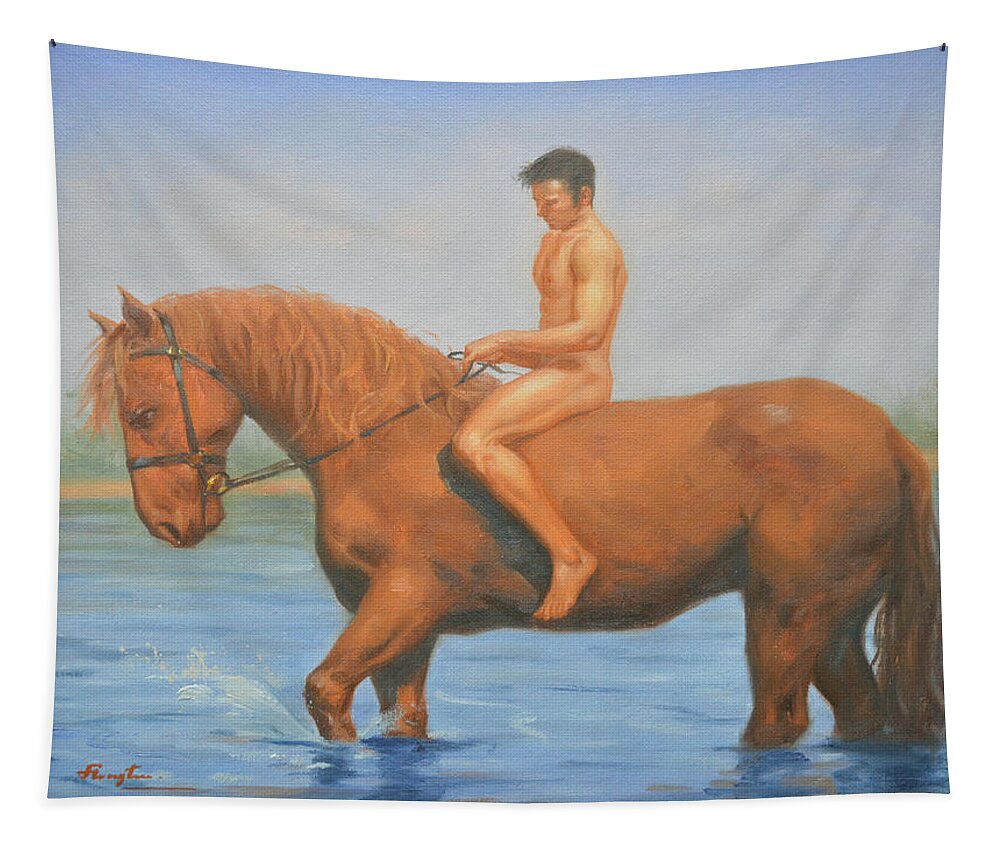 Original Tapestry featuring the painting Original Classic Oil Painting Man Body Art Male Nudeand Horse #16-2-5-45 by Hongtao Huang