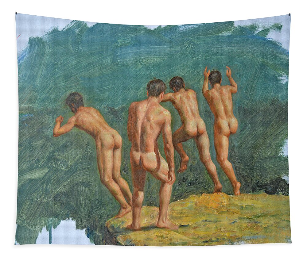 Original Tapestry featuring the painting Original Impression Oil Painting Man Body Art Male Nude-045 by Hongtao Huang