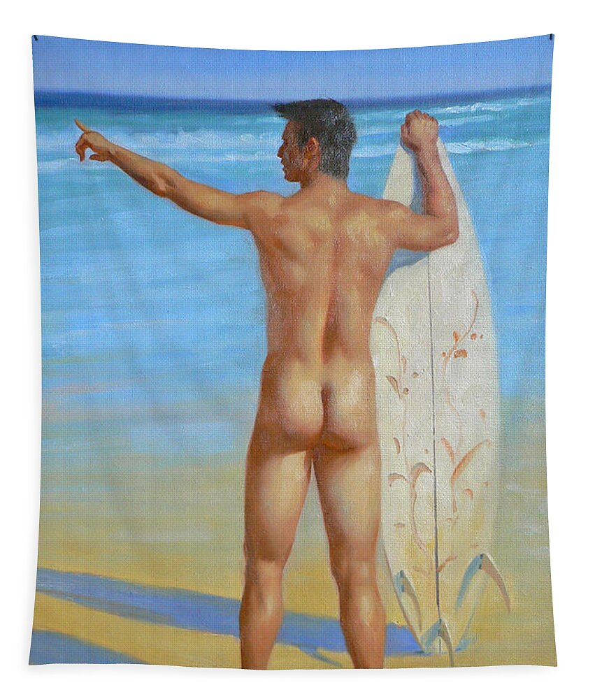 Original. Oil Painting Art Tapestry featuring the painting Original Oil Painting Man Body Art-male Nude By The Sea#16-2-1-02 by Hongtao Huang