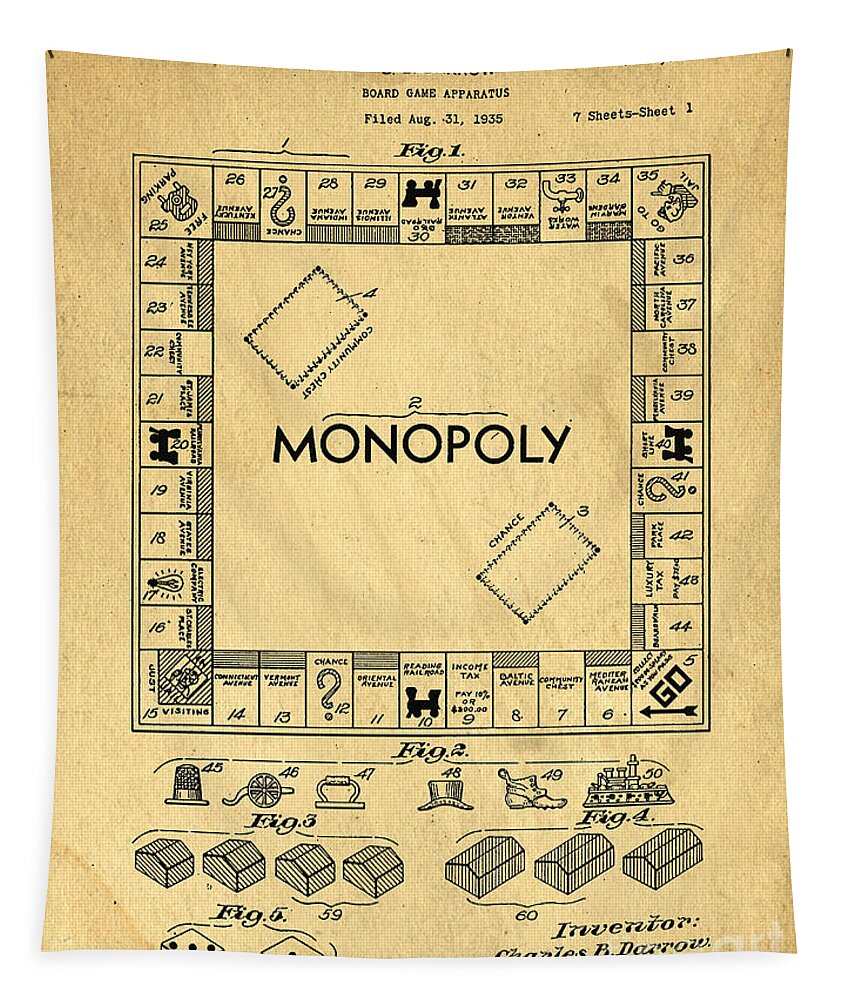Monopoly Tapestry featuring the digital art Original Patent for Monopoly Board Game by Edward Fielding