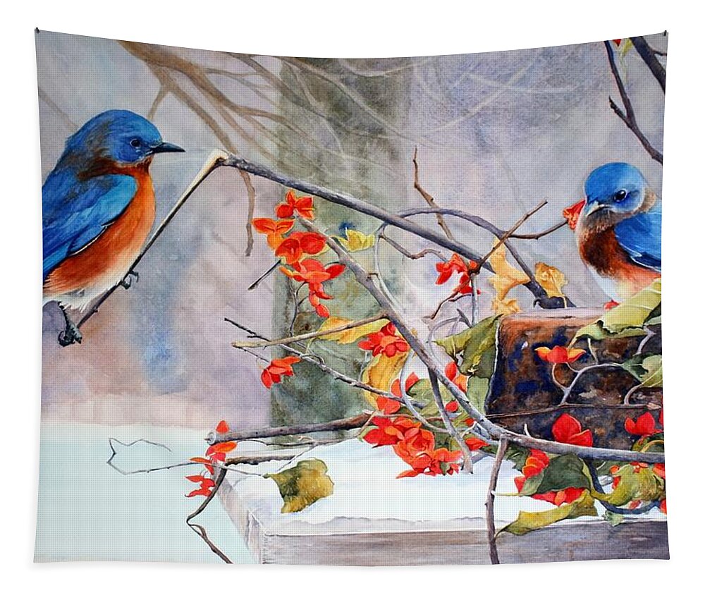 Missouri State Bird Tapestry featuring the painting Out on a Limb by Brenda Beck Fisher