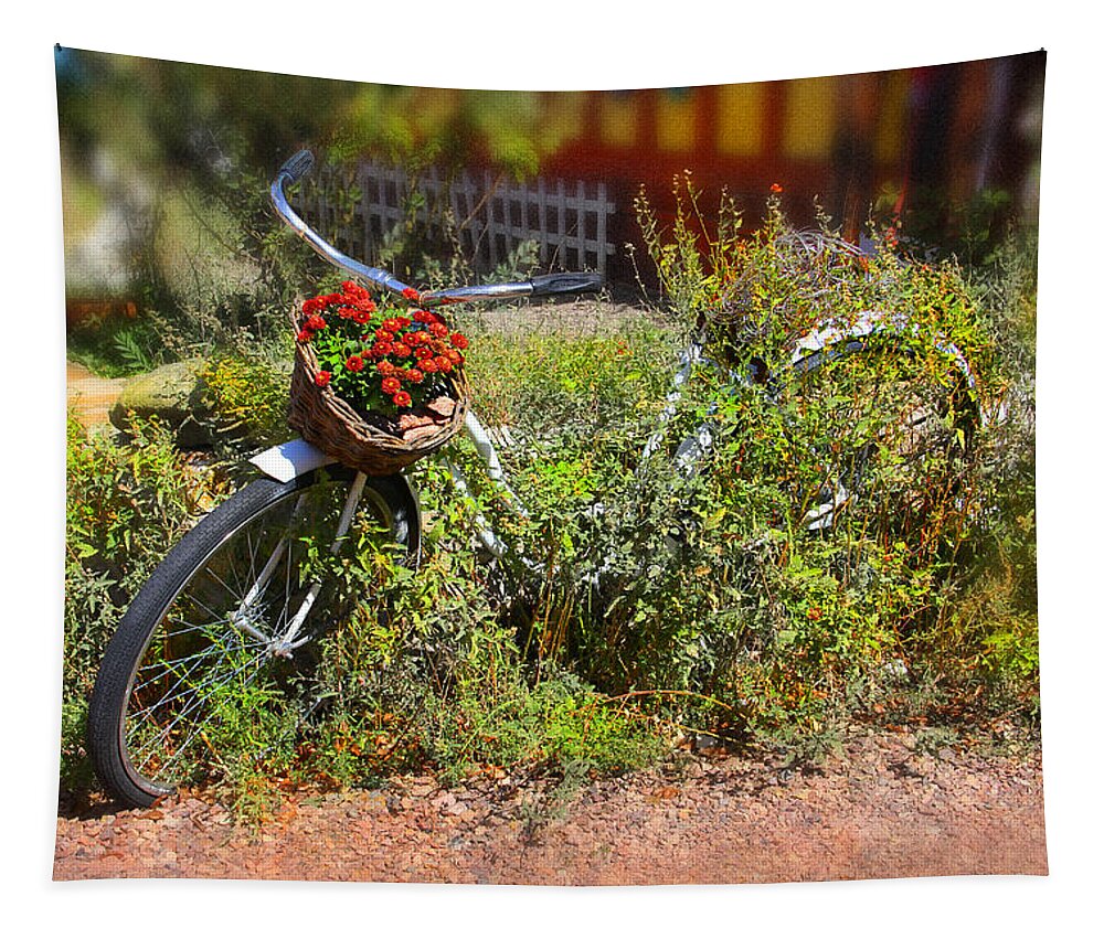 Bike Tapestry featuring the photograph Overgrown Bicycle with Flowers by Mike McGlothlen
