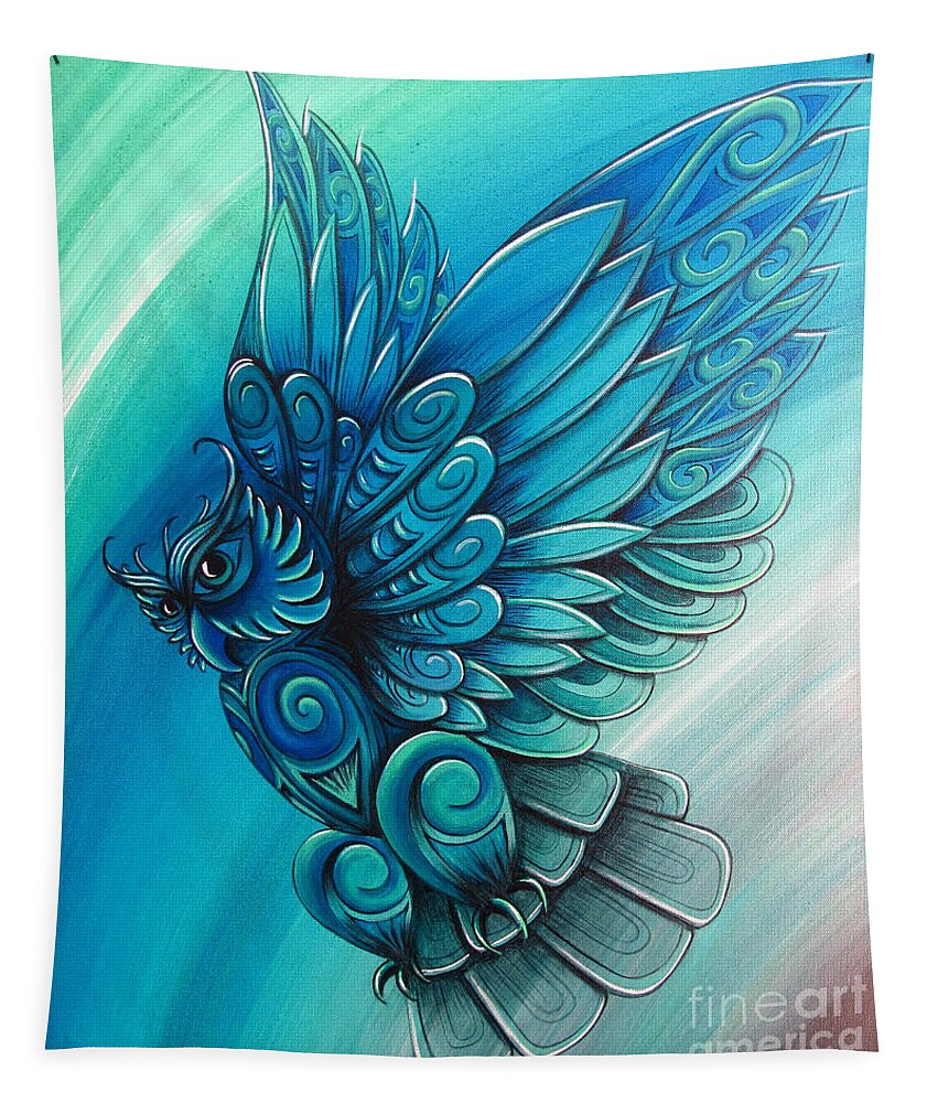 Owl Tapestry featuring the painting Owl by New Zealand Artist Reina Cottier by Reina Cottier