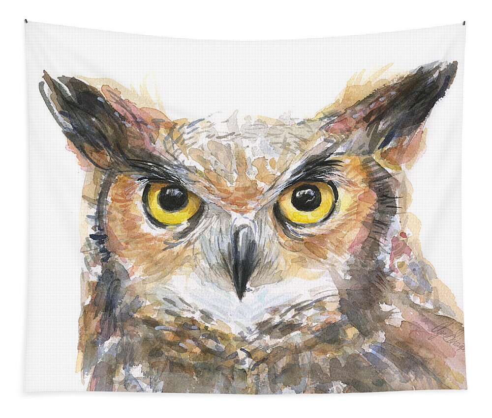 Old Tapestry featuring the painting Owl Watercolor Portrait Great Horned by Olga Shvartsur