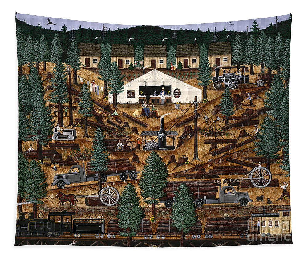 Logging Camp Tapestry featuring the painting Pacific Northwest Logging Memories by Jennifer Lake