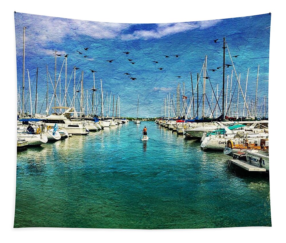 Chicago Tapestry featuring the photograph Paddle boarder in the Harbor by Eleanor Abramson