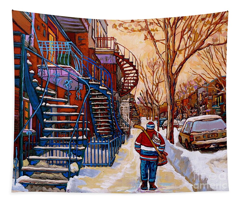 Montreal Tapestry featuring the painting Paintings Of Montreal Beautiful Staircases In Winter Walking Home After The Game By Carole Spandau by Carole Spandau