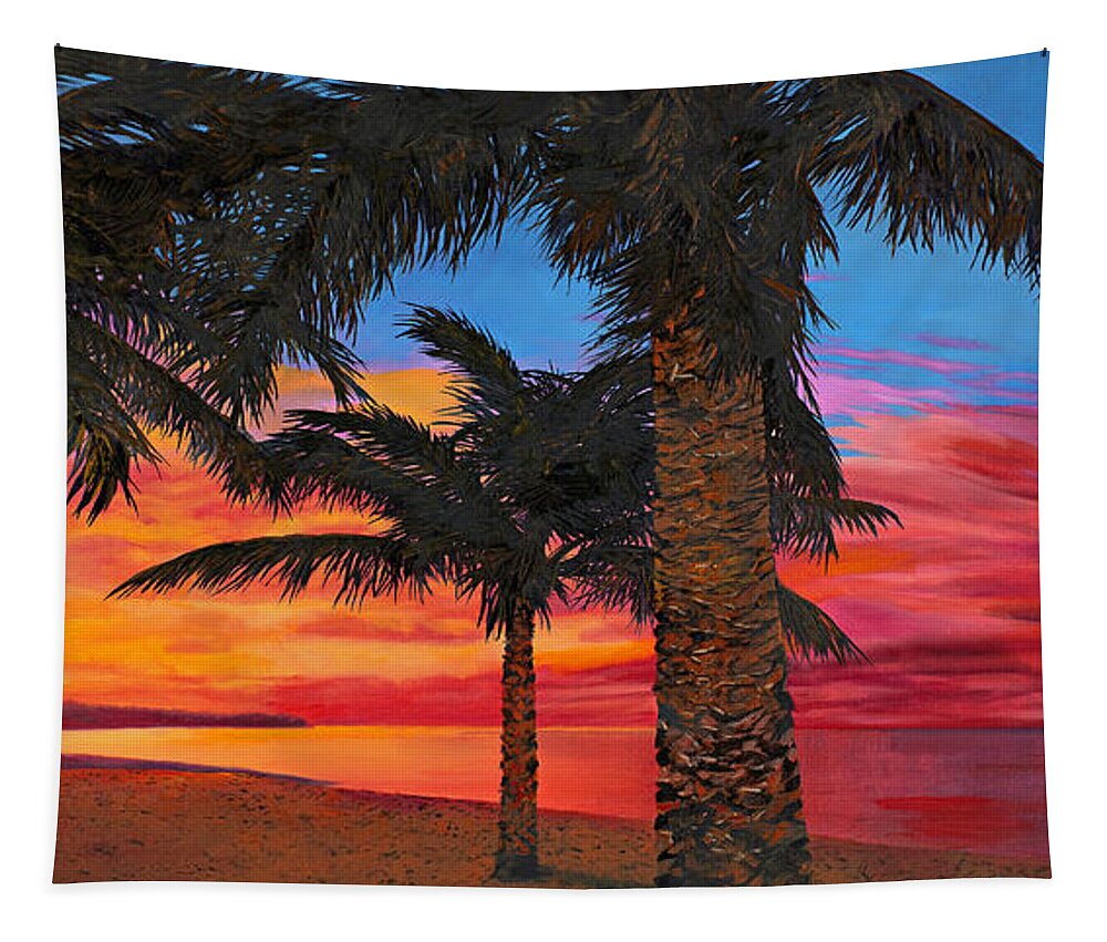 Seacape Tapestry featuring the painting Palme Al Tramonto by Guido Borelli
