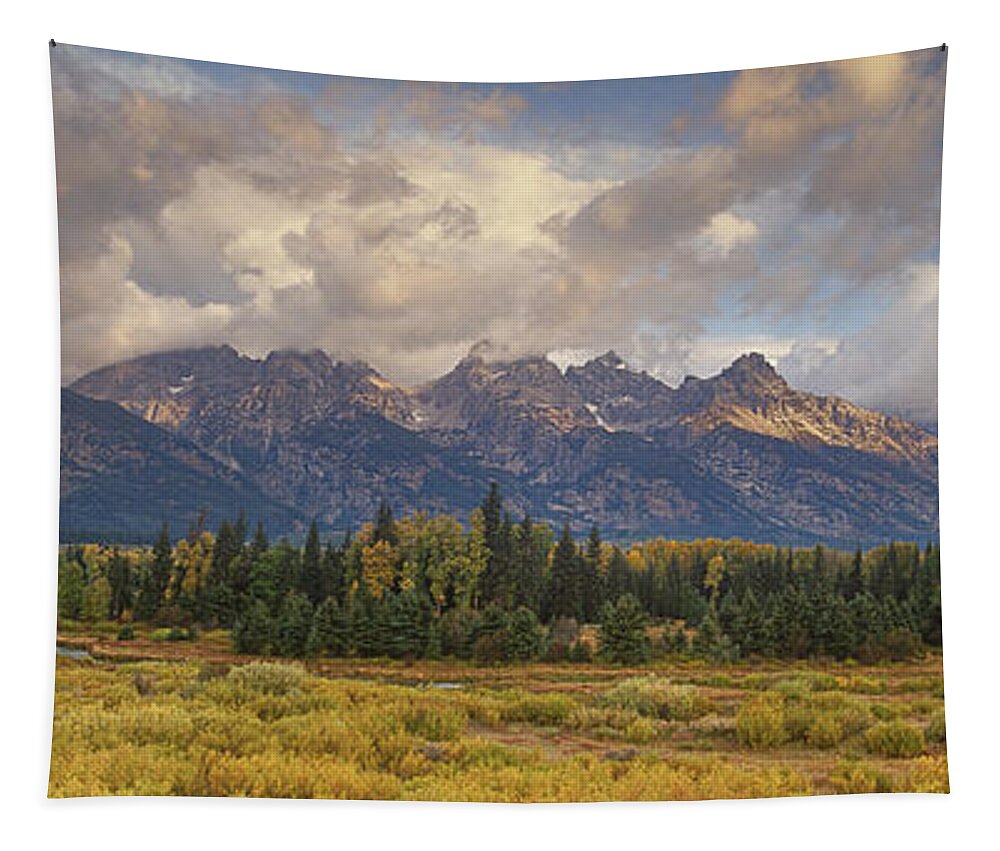 North America Tapestry featuring the photograph Panaroma Clearing Storm on a Fall Morning in Grand Tetons National Park by Dave Welling