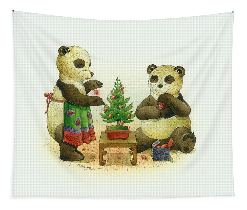 Christmas Greetin Card Pandas Winter Christmas Tree Tapestry featuring the painting Pandabears Cristmas 02 by Kestutis Kasparavicius