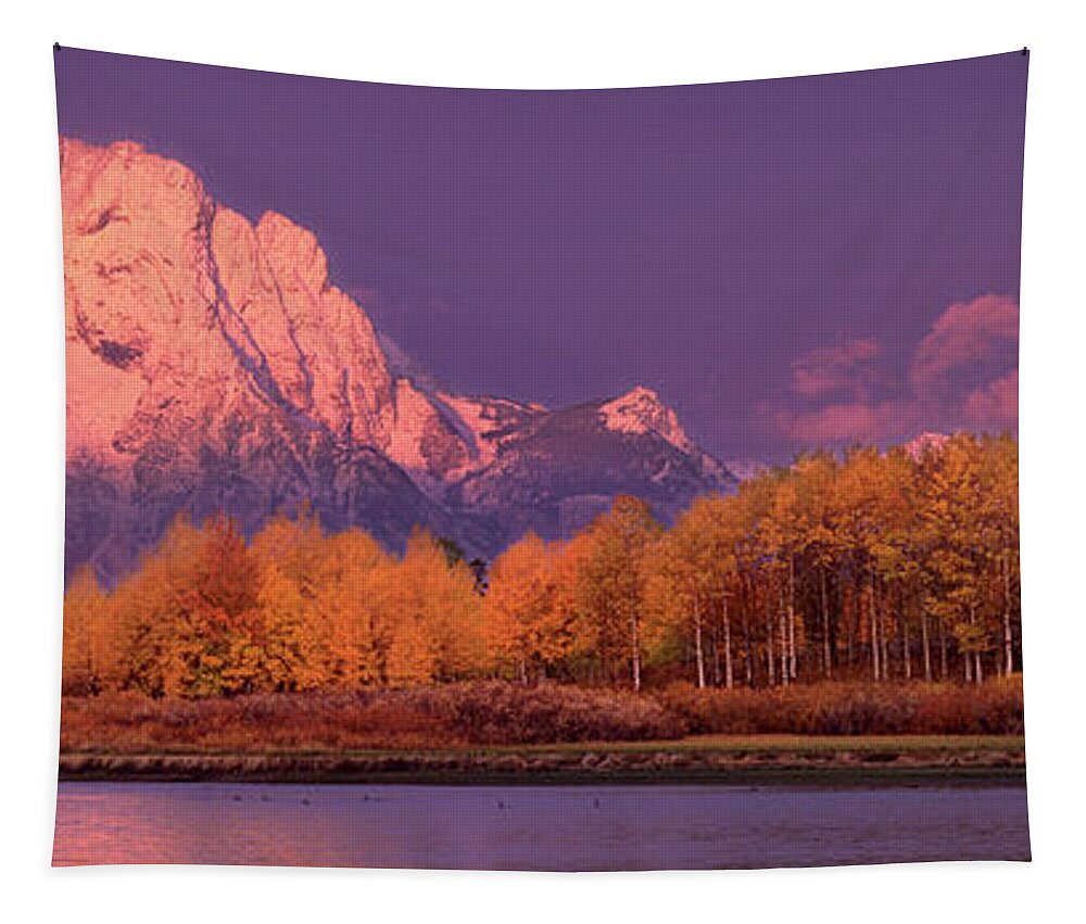 America Tapestry featuring the photograph Panorama Dawn Lights Up Mount Moran in Grand Tetons National Park by Dave Welling