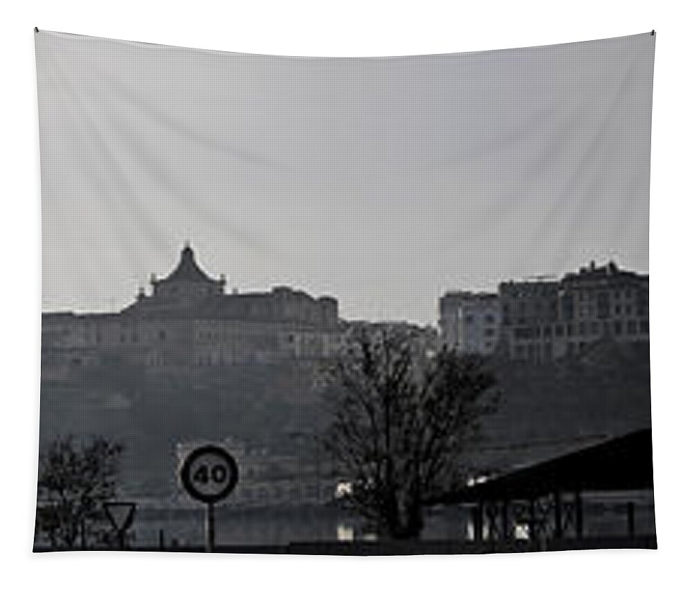 Abstract Tapestry featuring the photograph View of Mahon capital of Minorca island - Panorama to peace in Mahon Skyline by Pedro Cardona Llambias