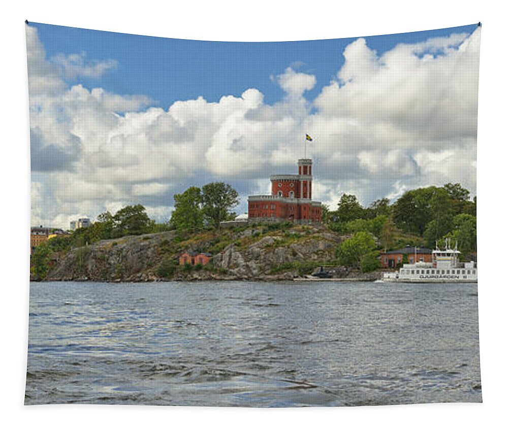 Stockholm Tapestry featuring the photograph Panoramic seascape with castle Stockholm Sweden by Marianne Campolongo