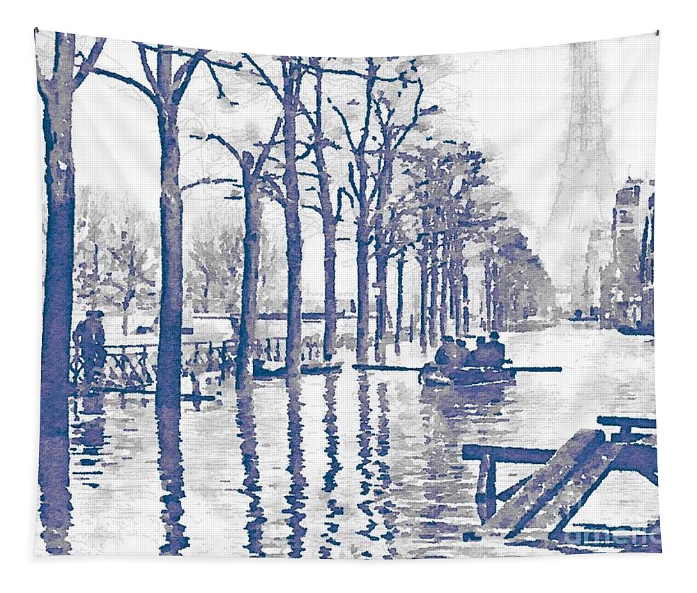 Eiffel Tower Tapestry featuring the painting Paris 1910 Great Flood of Paris by HELGE Art Gallery