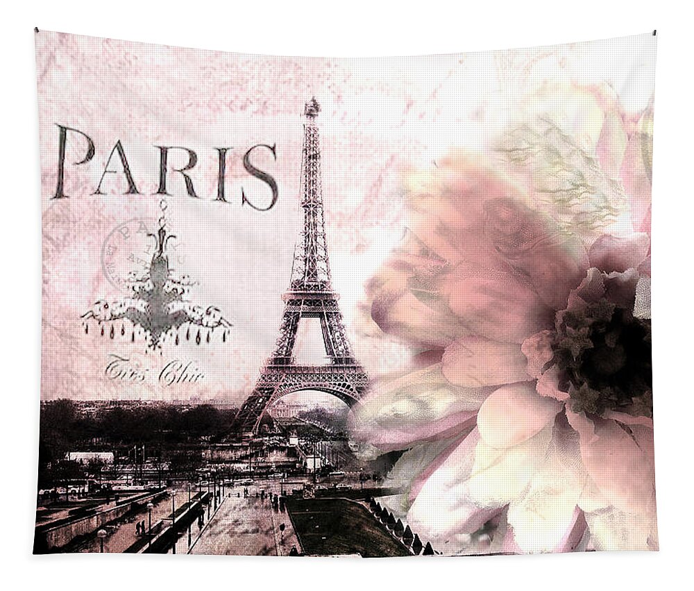 Paris Tapestry featuring the photograph Paris Eiffel Tower Montage - Paris Romantic Pink Sepia Eiffel Tower Flower French Cottage Decor by Kathy Fornal