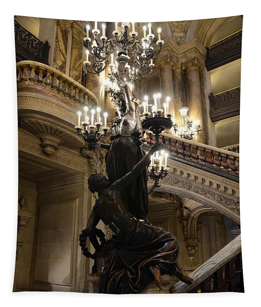 Paris Tapestry featuring the photograph Paris Opera House Grand Staircase and Chandeliers - Paris Opera Garnier Statues and Architecture by Kathy Fornal