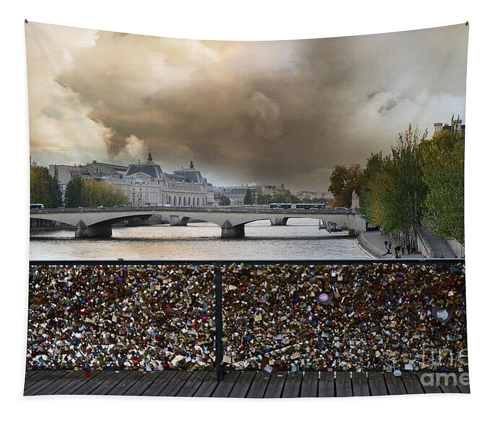 Paris Tapestry featuring the photograph Paris Pont des Art Bridge Locks of Love Bridge - Romantic Locks Of Love Bridge View by Kathy Fornal
