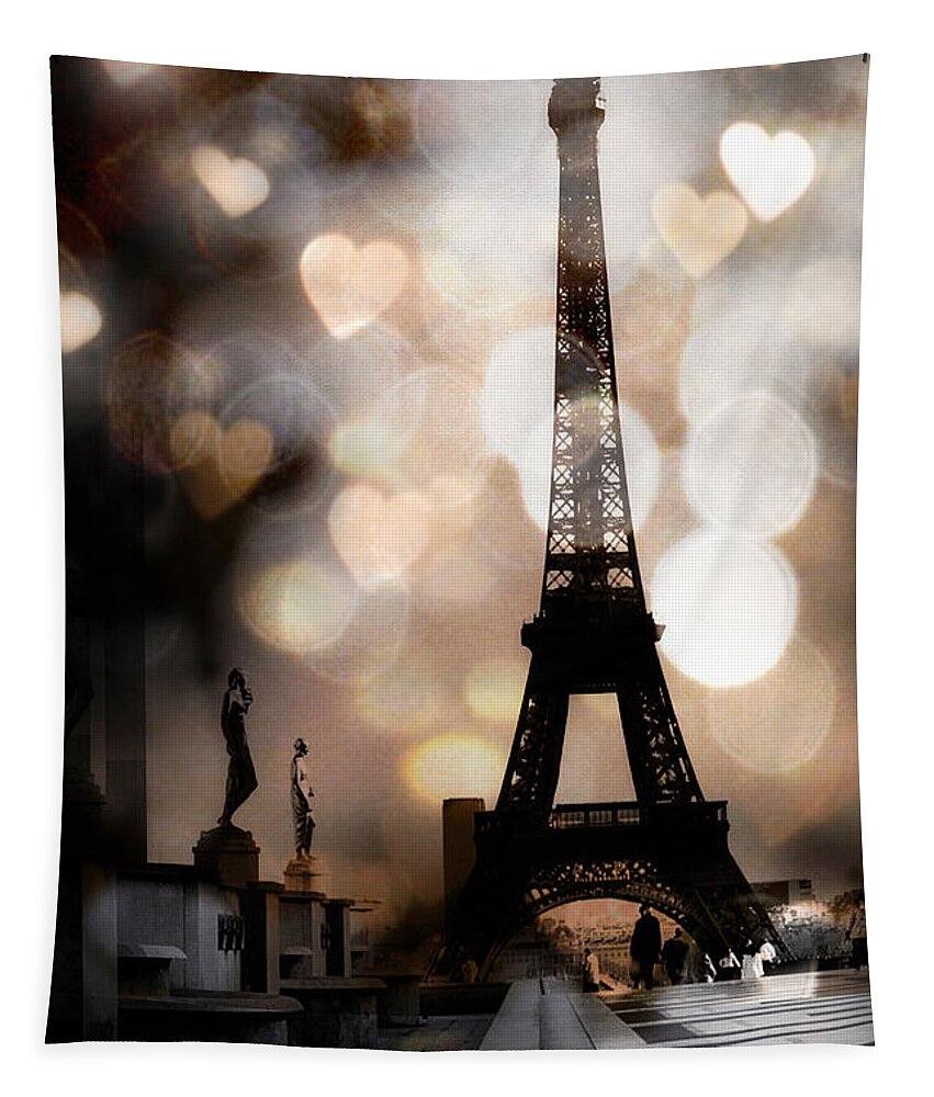Eiffel Tower Tapestry featuring the photograph Paris Surreal Fantasy Sepia Black Eiffel Tower Bokeh Hearts and Circles - Paris Eiffel Tower Hearts by Kathy Fornal