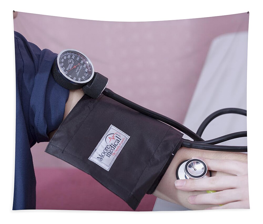 Equipment Tapestry featuring the photograph Patient Having Blood Pressure Taken by Science Stock Photography
