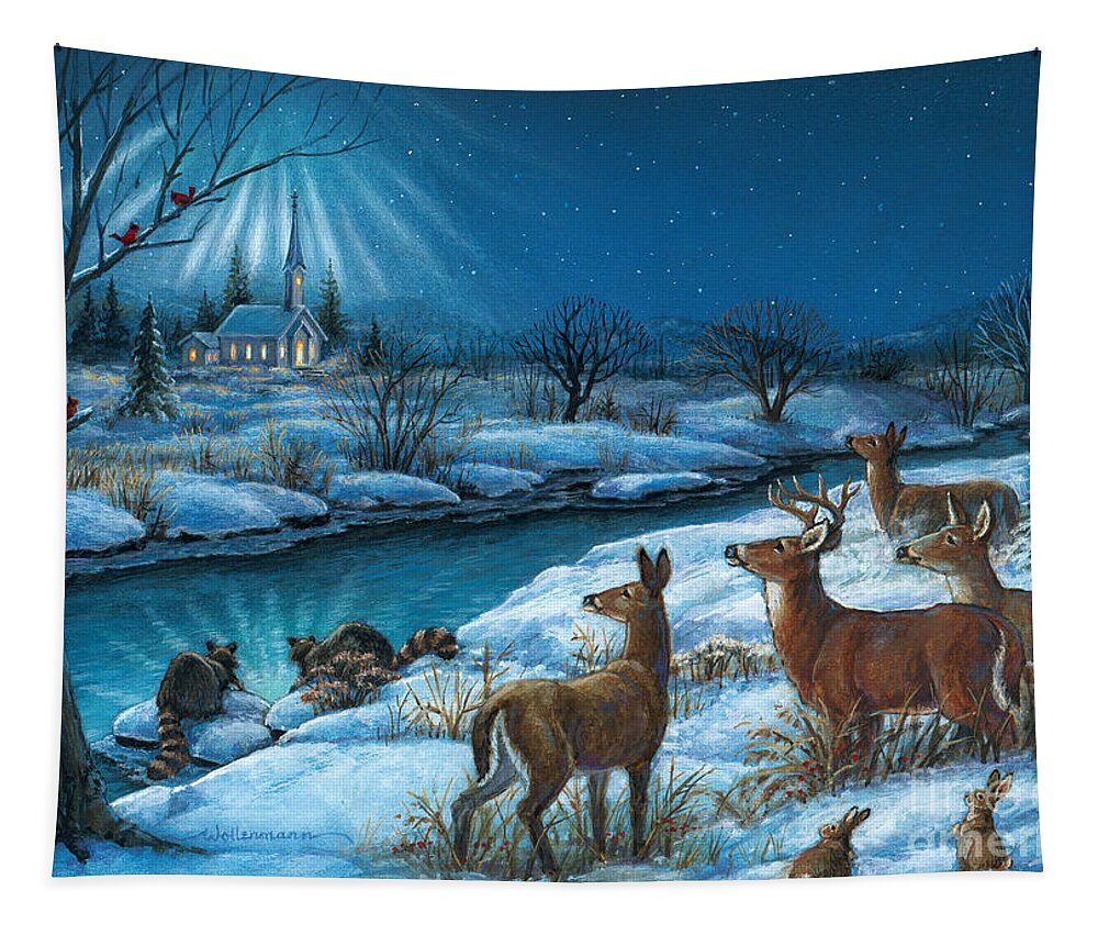 Randy Wollenmann Tapestry featuring the painting Peaceful Winters Night by Randy Wollenmann