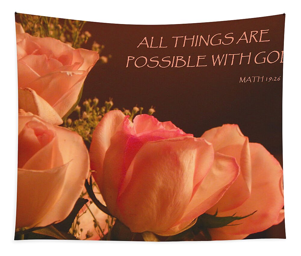 Roses Tapestry featuring the photograph Peach Roses With Scripture by Sandi OReilly