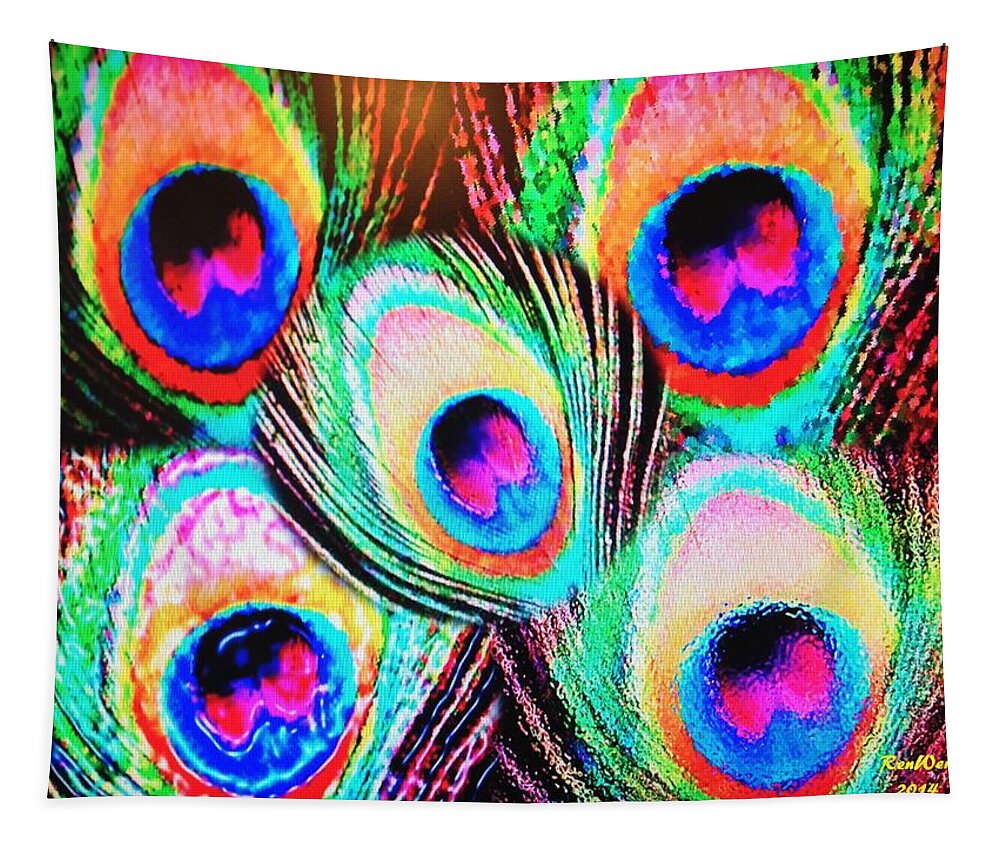 Peacock Feathers Tapestry featuring the digital art Peacock Feather Collage by Renee Michelle Wenker