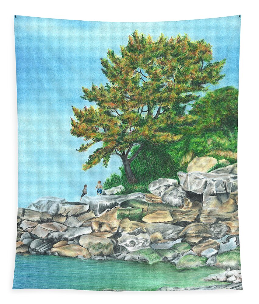 Early Fall Tapestry featuring the drawing Peaks Island by Troy Levesque