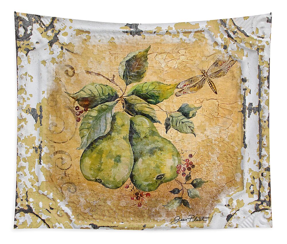 Acrylic Painting Tapestry featuring the painting Pears and Dragonfly on Vintage Tin by Jean Plout
