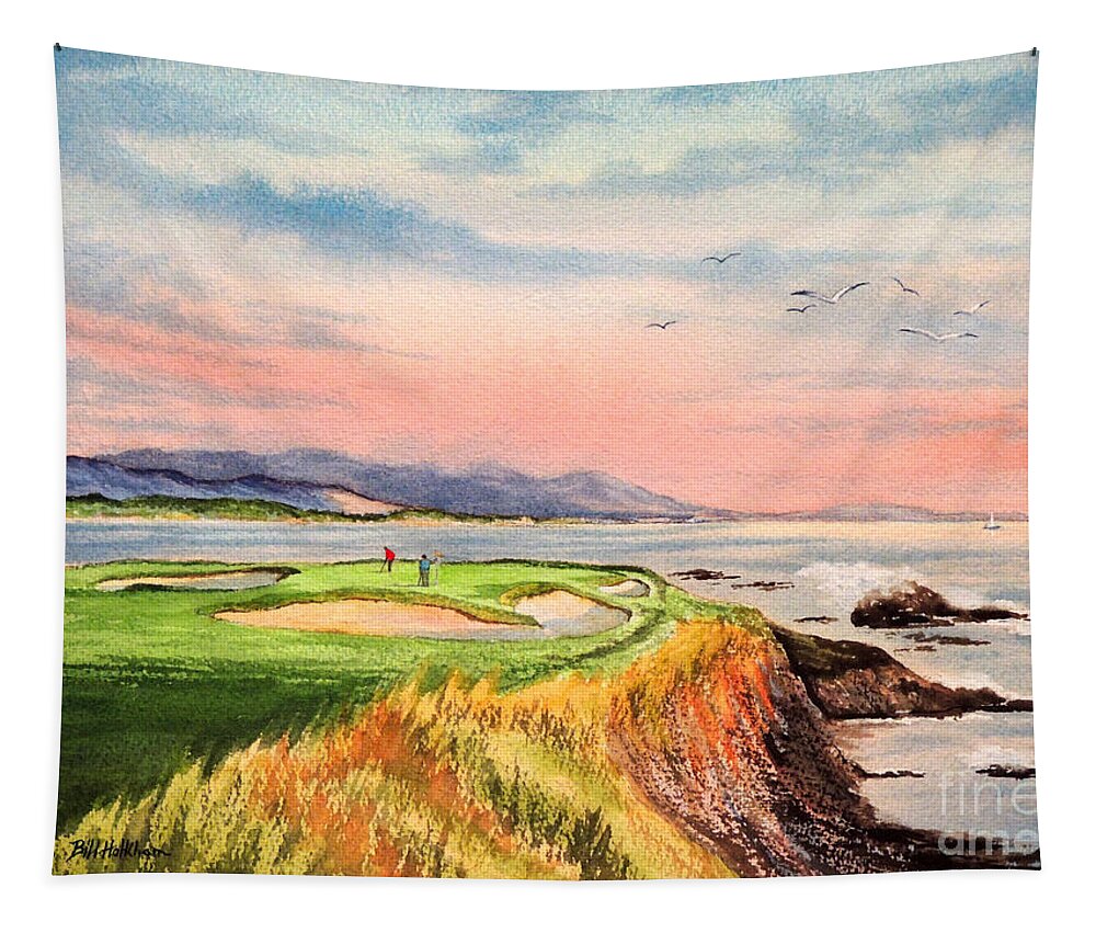 Golf Course Paintings Tapestry featuring the painting Pebble Beach Golf Course Hole 7 by Bill Holkham