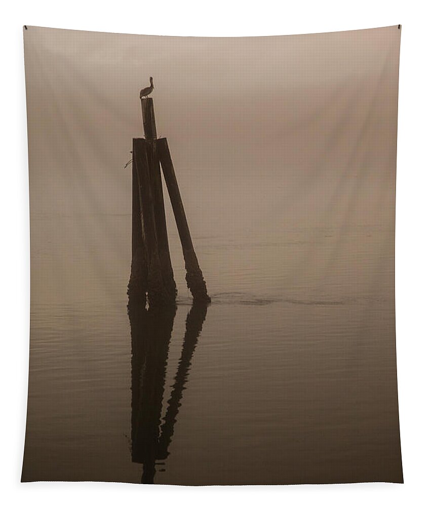 Foggy Tapestry featuring the photograph Pelican on a Stick by Monte Arnold
