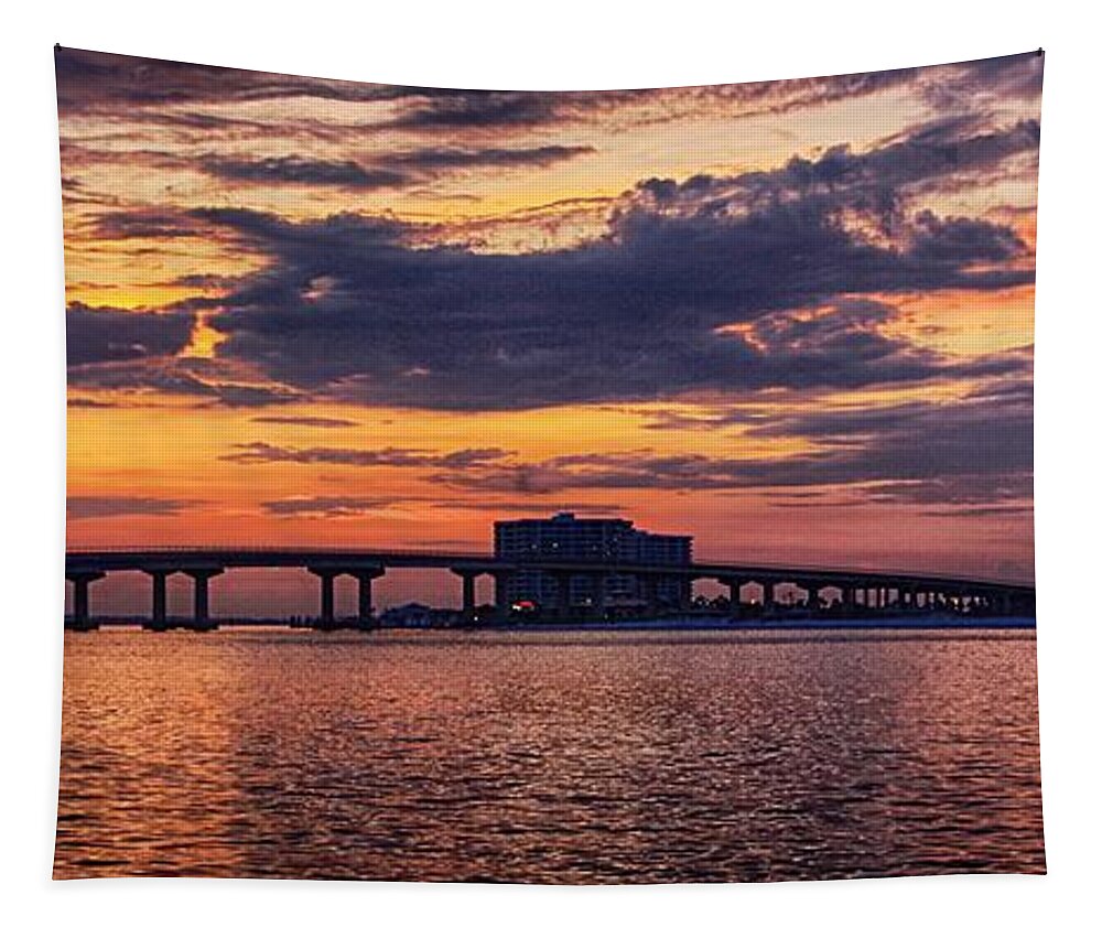 Palm Tapestry featuring the digital art Perdido Bridge Sunrise by Michael Thomas