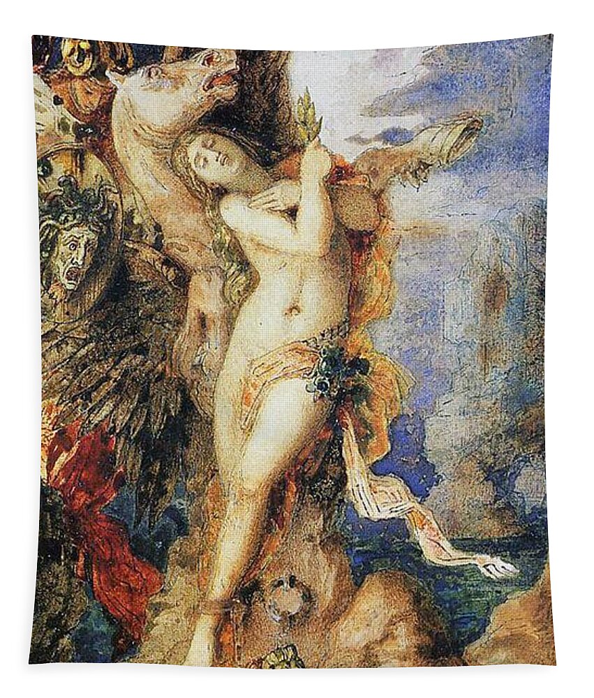 Mythological; Mythology; Greek Myth; Female; Nude; Sacrifice; Chained; Tied; Rock; Sea Monster; Beast; Dragon; Serpent; Rescue; Rescuing; Saving; Male; Pegasus; Horse; Wings; Winged; Shield; Head; Gorgon; Medusa; Rocks; Rocky; Hero; Lovers Tapestry featuring the painting Perseus and Andromeda by Gustave Moreau