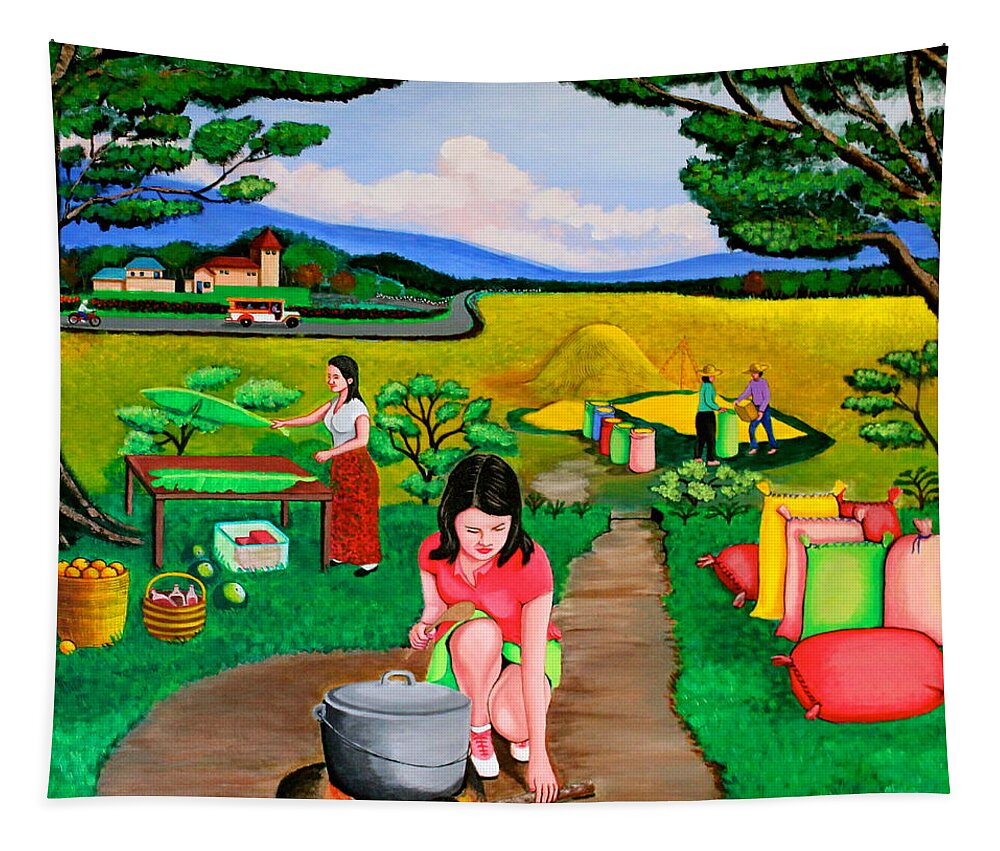 Cookout Tapestry featuring the painting Picnic with the Farmers by Cyril Maza