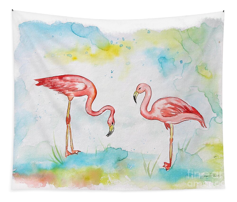 Watercolor Painting Tapestry featuring the painting Pink Flamingo-A by Jean Plout
