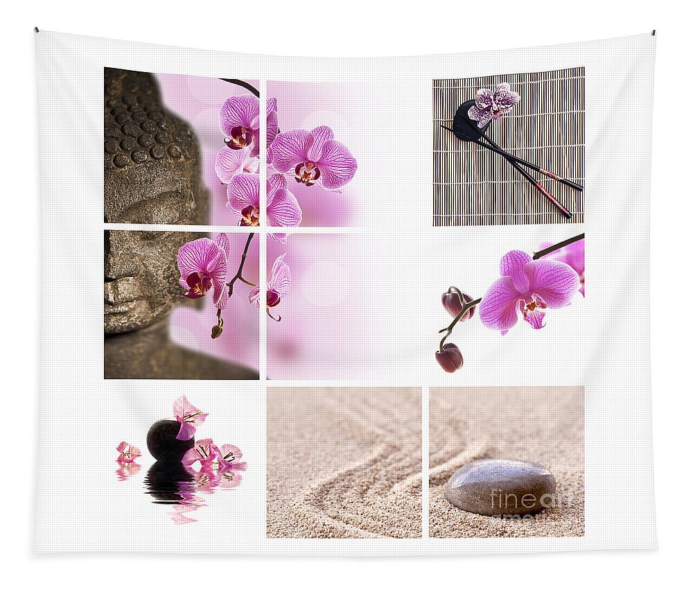 Buddha Tapestry featuring the photograph Pink orchid and Buddha collage by Delphimages Photo Creations