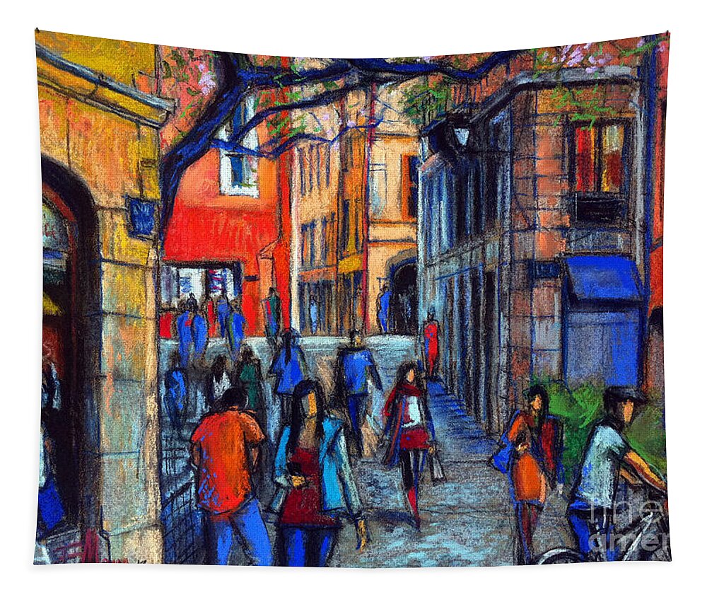 The Place Du Petit College In Lyon Tapestry featuring the pastel Place Du Petit College In Lyon by Mona Edulesco