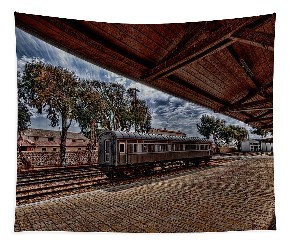 Kaballah Tapestry featuring the photograph platform view of the first railway station of Tel Aviv by Ron Shoshani