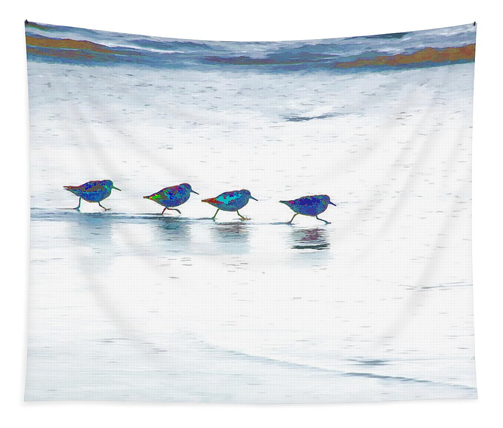 Beach Tapestry featuring the photograph Plovers in a Row by Allan Van Gasbeck