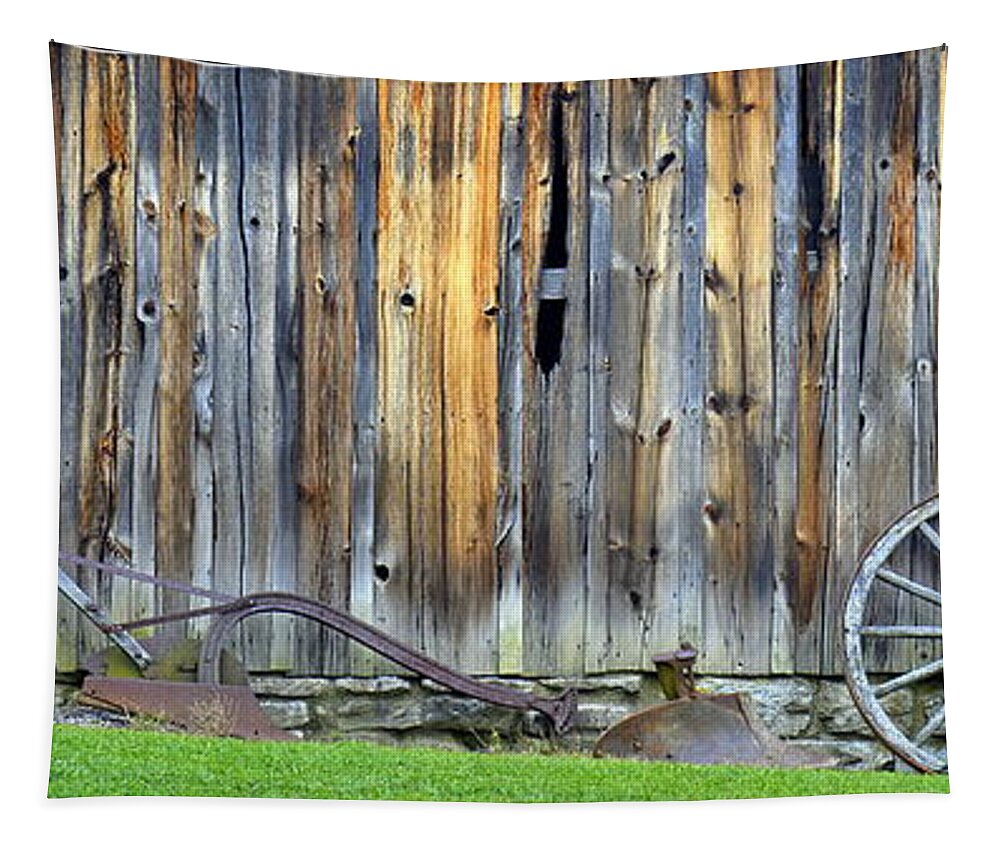 Wagon Wheels Tapestry featuring the photograph Plow and Barn Study 2 by Kathy Barney