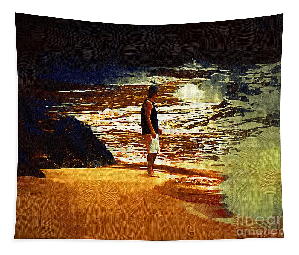 Beach Tapestry featuring the painting Pondering The Surf by Kirt Tisdale