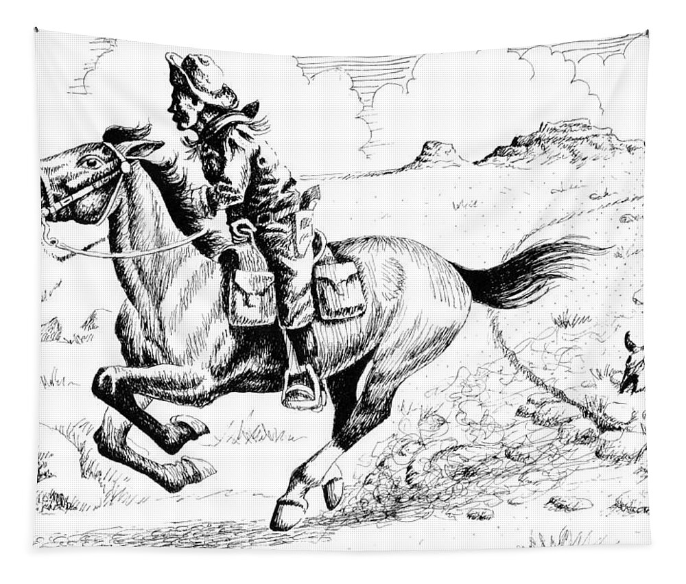 Art Tapestry featuring the drawing Pony Express Rider by Bern Miller