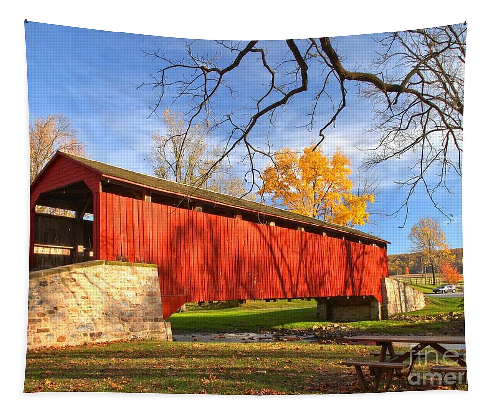 Poole Forge Covered Bridge Tapestry featuring the photograph Poole Forge Covered Bridge - Lancaster County by Adam Jewell