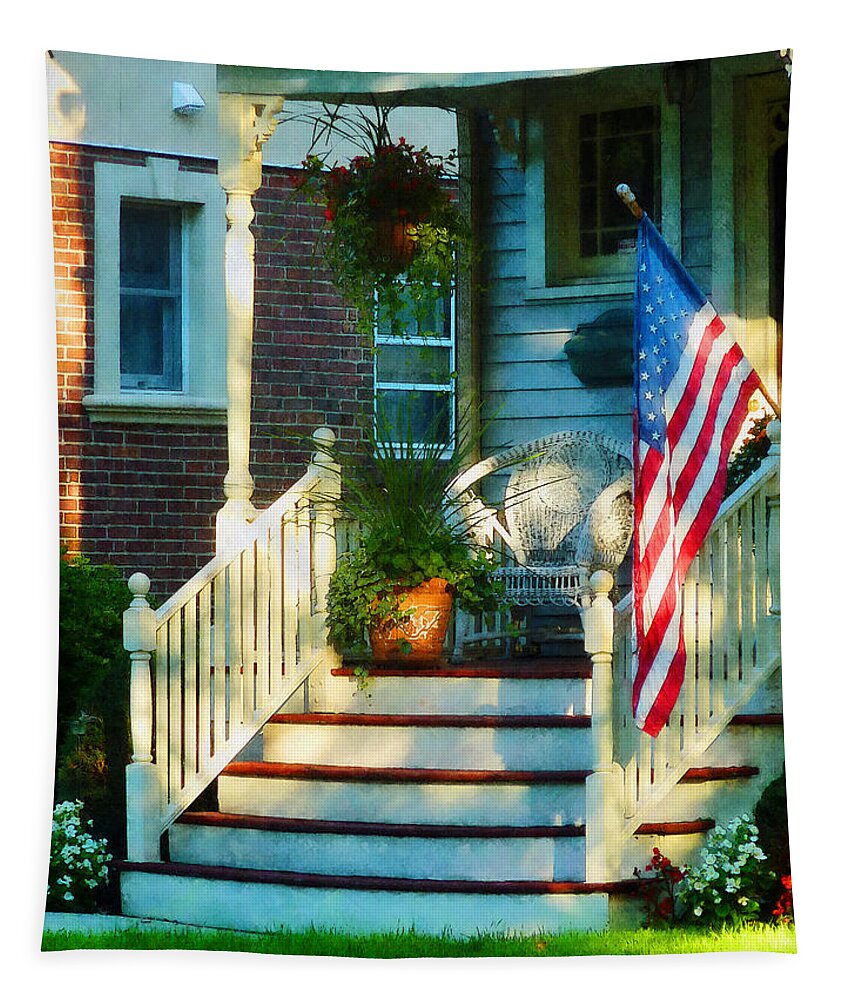 Porch Tapestry featuring the photograph Porch With American Flag by Susan Savad