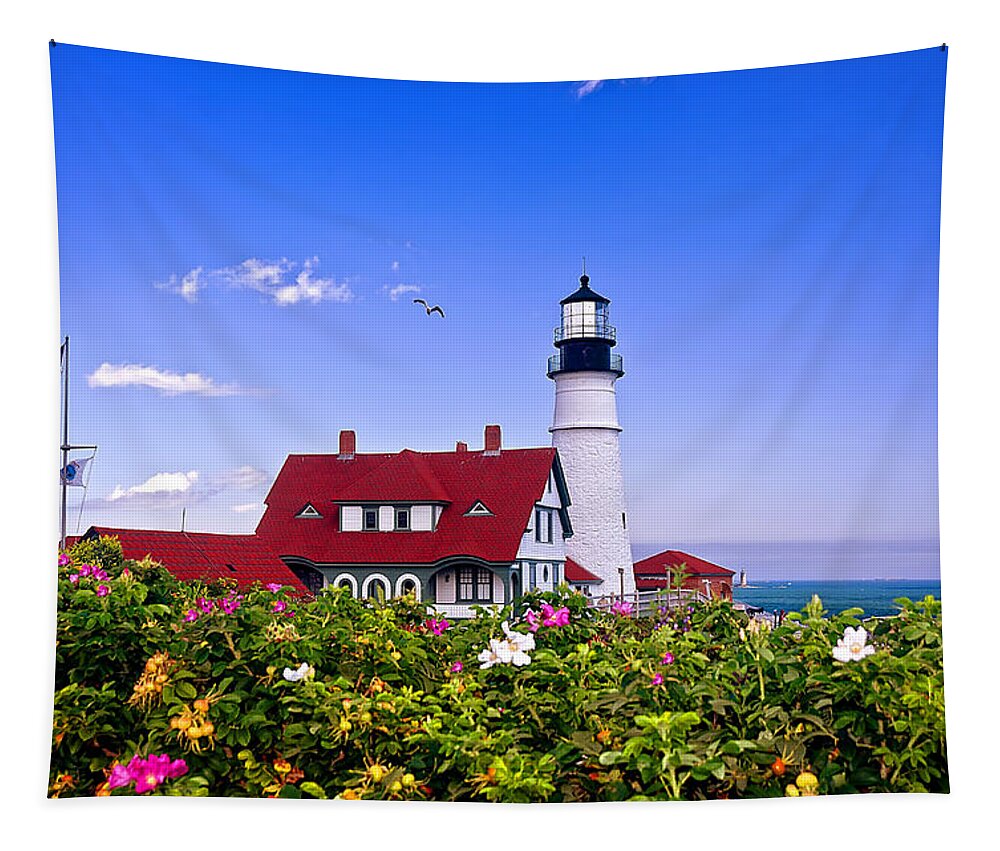 Maine Tapestry featuring the photograph Portland Head Light and Roses by Mitchell R Grosky