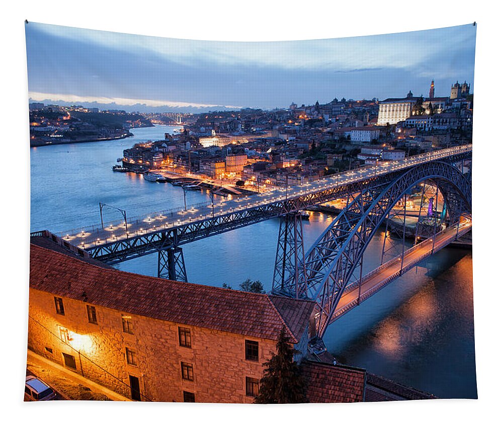 Porto Tapestry featuring the photograph Porto Cityscape in Portugal at Twilight by Artur Bogacki