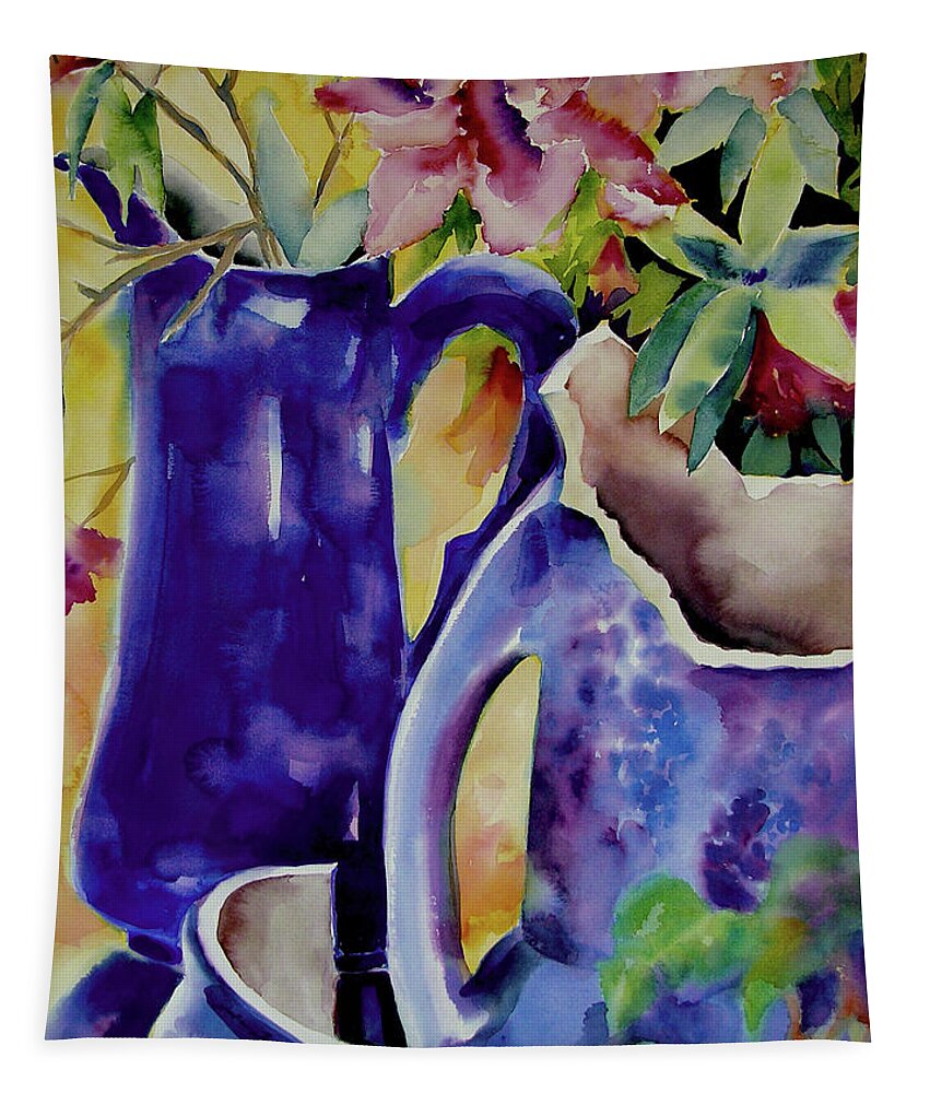 Original Watercolors Tapestry featuring the painting Pottery and flowers by Julianne Felton